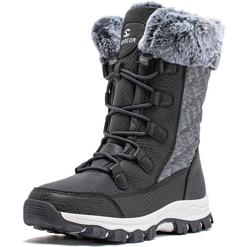 HOBIBEAR Women Waterproof Winter Snow Boots Gray Fur Lined Insulated Warm Shoes
